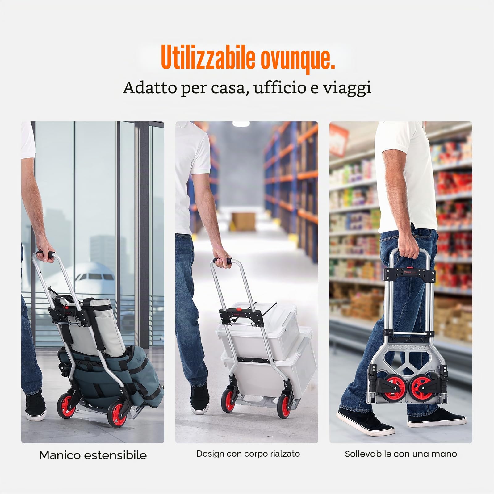 VEVOR Carrello a Mano Pieghevole Portata Max. 80 kg Carrello a Mano in Alluminio Pieghevole per Carichi Pesanti con Ruote in Gomma Maniglia Telescopica per Trasporto Domestico Merci di Magazzino 80kg