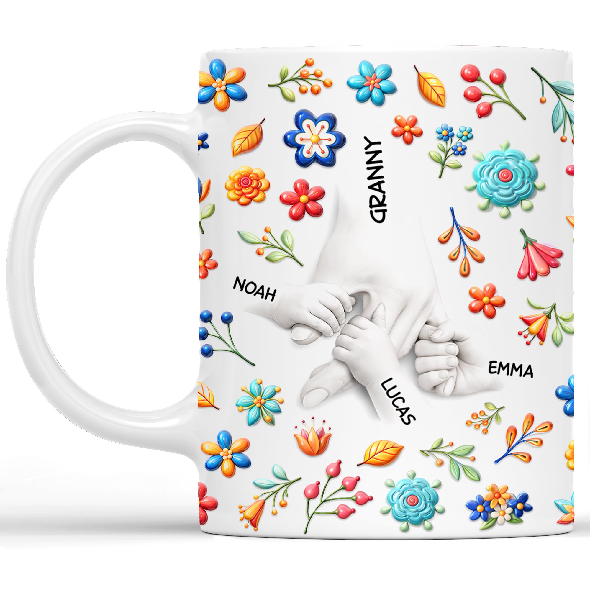 Personal Chic Custom Mug Name - Holding Mum's Hand with Flowers - Personalised Mother Gift, Mum Gifts, Grandma Gift, Mummy Tea Cup, Grandma Cup, Mum Mug (Model #1)