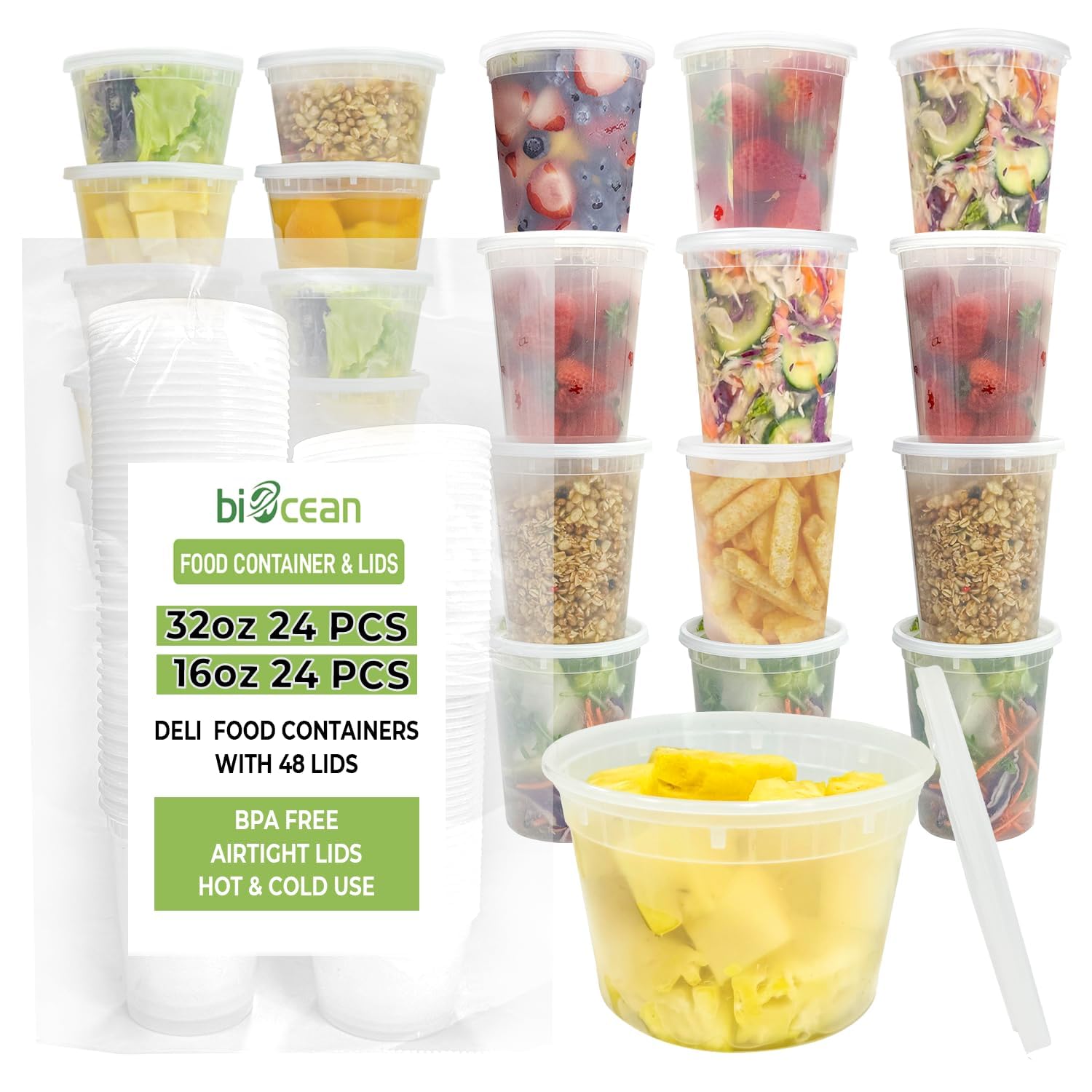 bioceanDeli Containers with Lids 48-Pack (16, 32 oz - 24 Sets Each Size) Food Storage Containers with Lids for Meal Prep, Microwave and Freezer Safe, Stackable, Leakproof, BPA Free