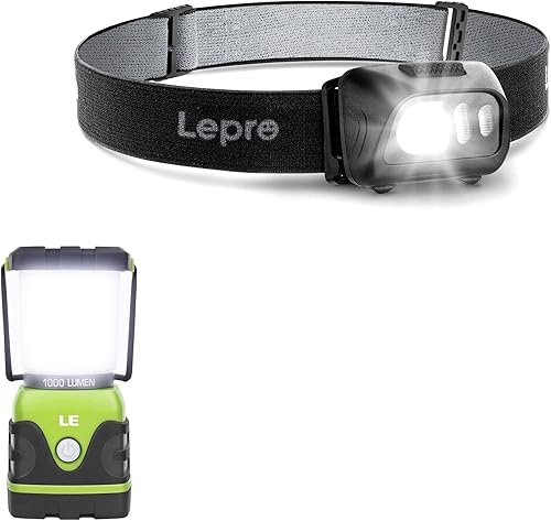 Paquete de 2 artículos linterna LED de camping con batería con 1000 lm y lámpara de cabeza súper brillante de 1500 Lux con 6 modos de iluminación