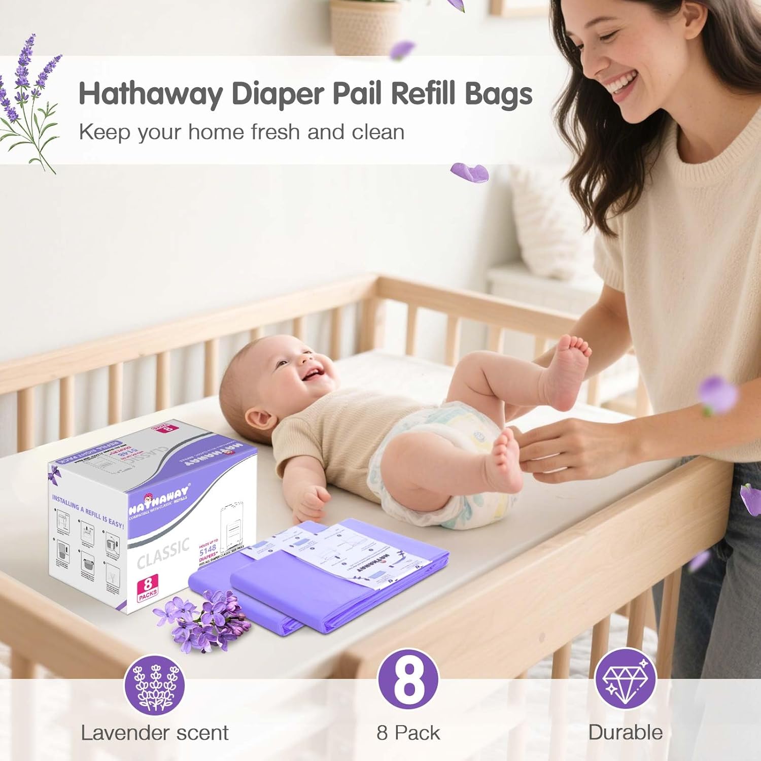 Refills Compatible with Dekor Classic, 30% Extra Length Diaper Pail Refills 8 Pack Diaper Pail Liners Lavender Scent