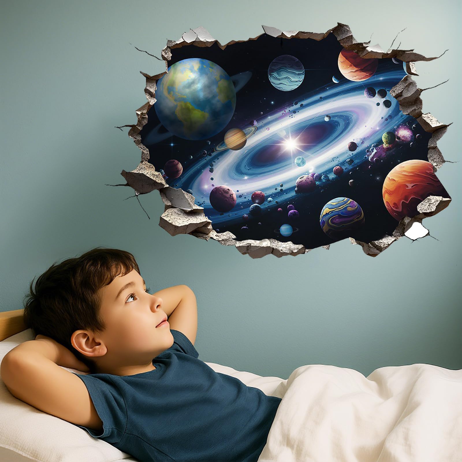 Wall Sticker for Bedrooms, Outer Space Wall Decals for Boys Kids, Bedroom Wallpaper, Personalised Wall Door Ceiling Floor Decorations Accessories, Self Adhesive Waterproof, Cosmic Theme, 3D Planet