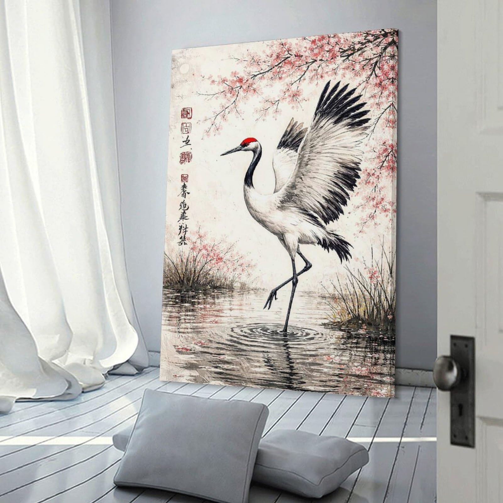Junmoney Canvas Wall Decor Red-crowned Crane And Cherry Blossoms, 24x36inch(60x90cm), for Bedroom Decor, Cosy Corners Or Studios, Decorative Wall Art for Cosy Rooms