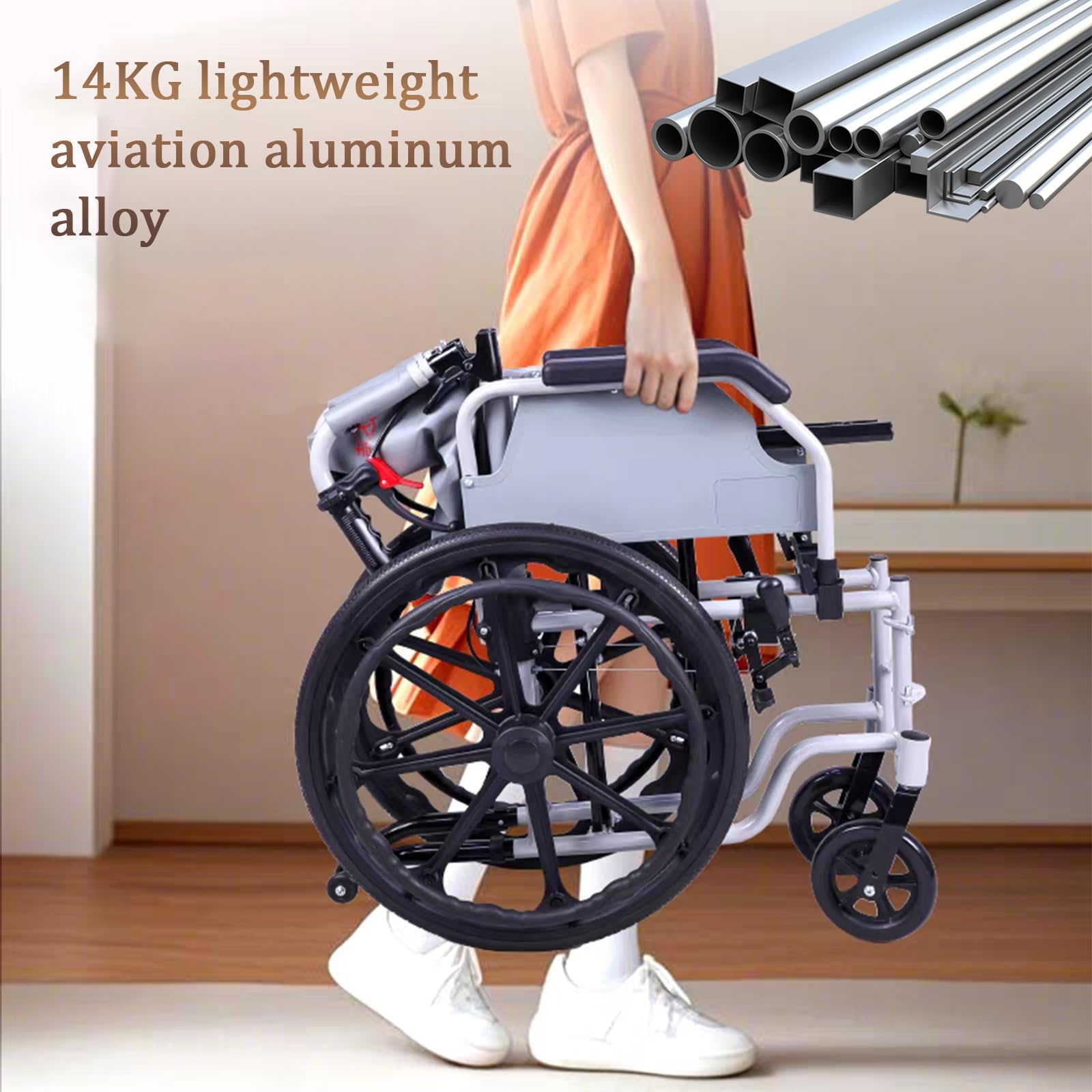 Silla de Ducha con Ruedas y WC, Silla de Baño Geriatrica Plegable, Silla De Ruedas De Transporte Plegable Ligera,Aluminio, Freno en manetas, Capacidad de Carga 100 kg(58*93*89cm/22.8*36.6*35in)
