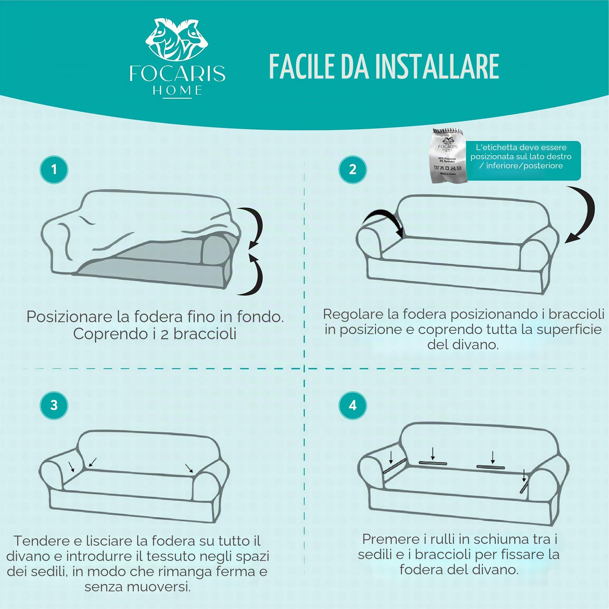 FOCARIS Home - Copridivano protettivo-regolabile e idrorepellente-copridivano 3 posti-turchese/verde (Long.max. 233 cm)-Imbottitura mais-1 pezzo-federe per divano regolabili, confezione regalo