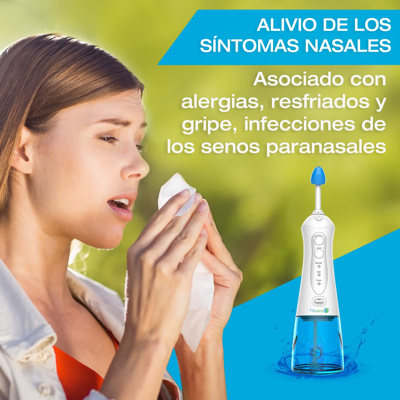 Kit de Lavado Nasal de Tilcare - Máquina perfecta e Irrigador Nasal para aliviar los senos nasales y las alergias - Electric Neti Pot que limpiará su nariz- Viene con una toalla y 30 paquetes de sal