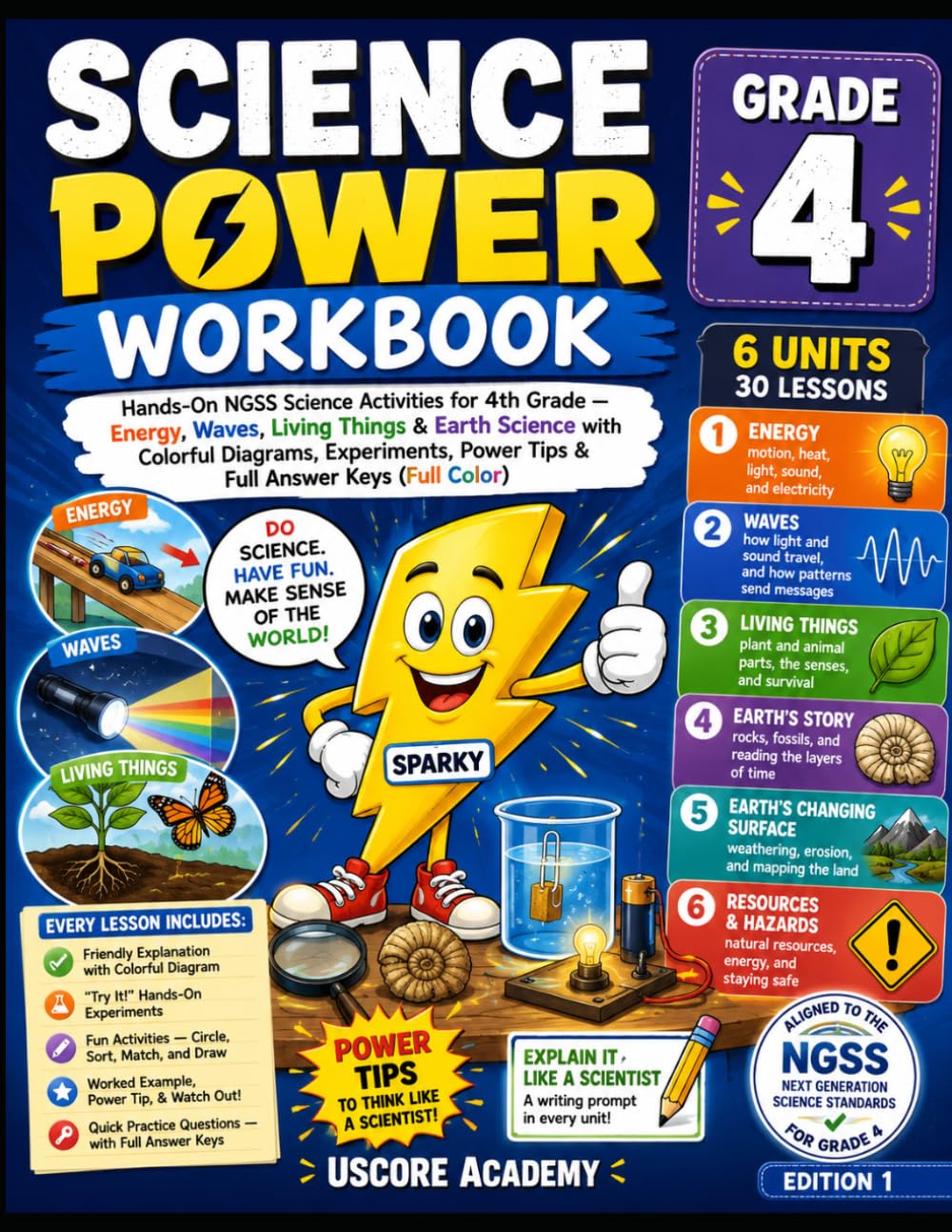 Science Power Workbook, Grade 4: Hands-On NGSS Science Activities for 4th Grade — Energy, Waves, Living Things & Earth Science with Colorful Diagrams, ... Power Tips & Full Answer Keys (Full Color)