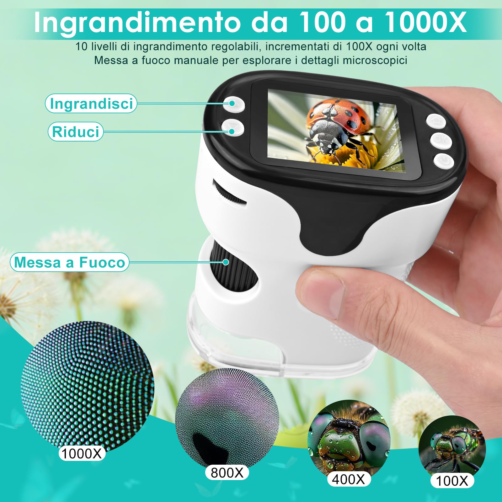 Microscopio Bambini Portatile,1000X Microscopio Digitale,con 2.0" IPS Pollici ＆ 8 LED Luce,USB Ricaricabile,per Casa e Esterni, Regalo di Natale per Bambini 3-12 Anni