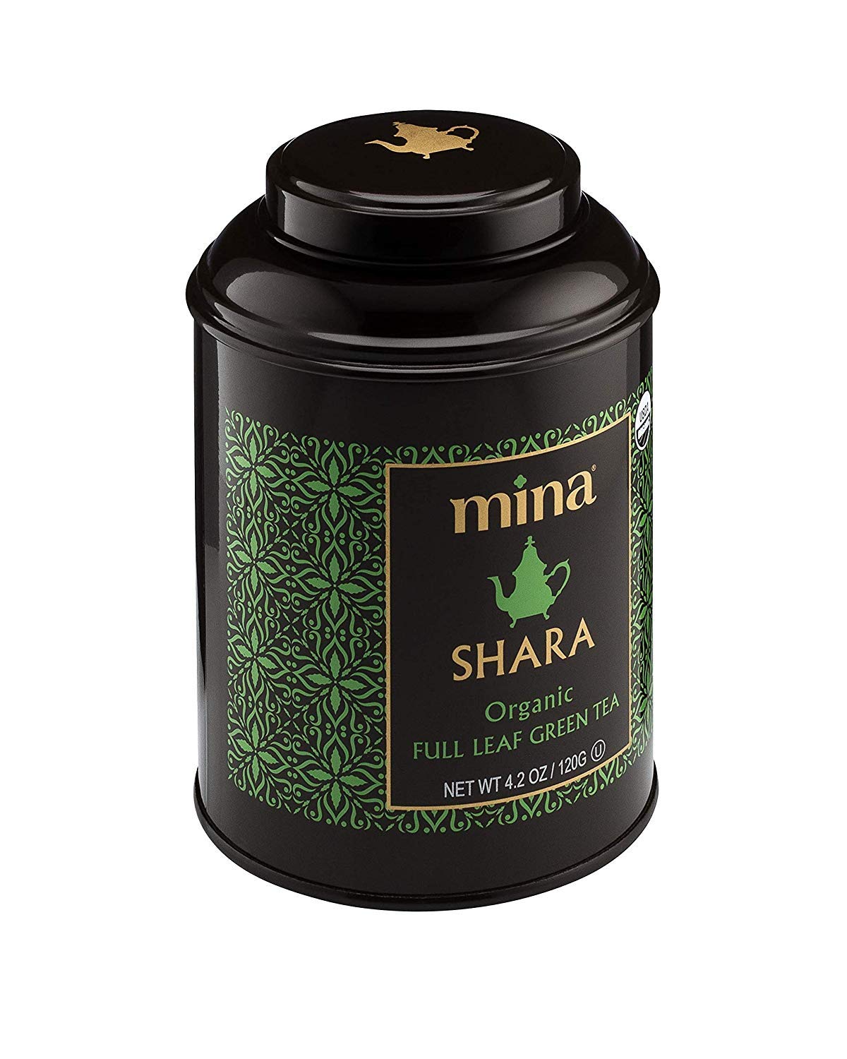 Mina Shara Organic Full Leaf Green Tea in Reusable Tin, 4.2 oz - Moroccan Loose Leaf Green Tea, For Refreshing Moroccan Mint Green Tea, Moroccan Mint Tea Ceremony