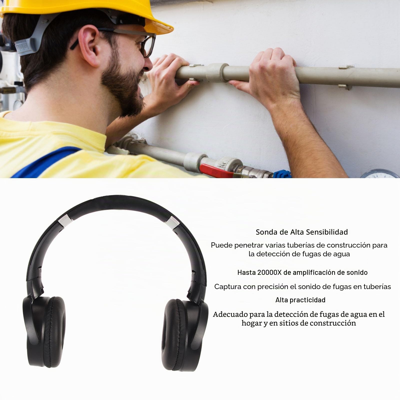 Kit de Detección de Fugas de Agua, Detector de Fugas de Agua Subterránea 20000X, con Auriculares, Detector de Fugas de Tubería de Agua de Alta Resistencia, para la Construcción (Enchufe de la UE)