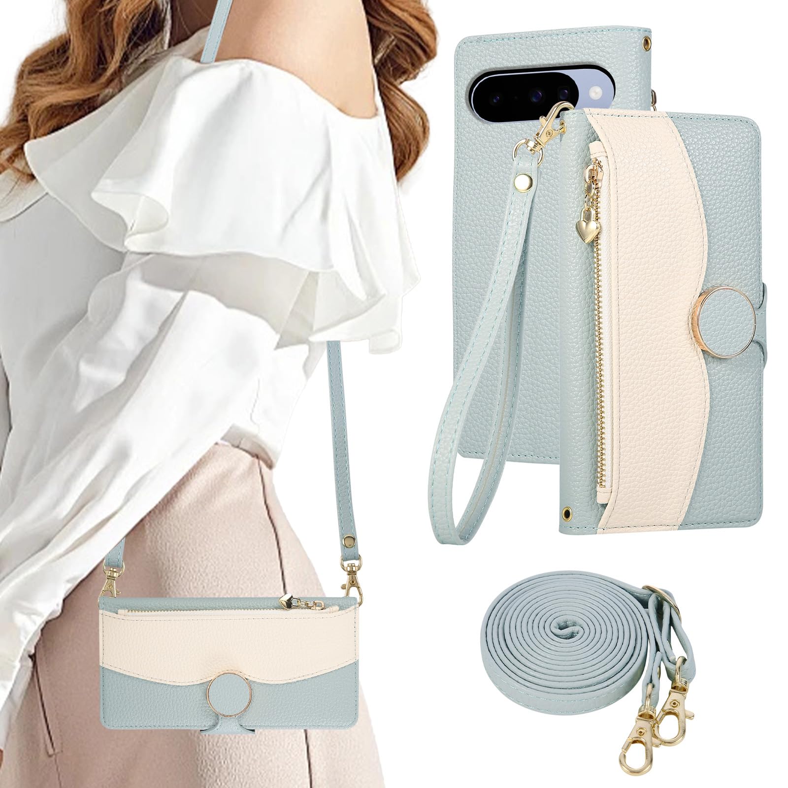 KW-LINK 向けの Google Pixel 10/10 pro ケース 手帳型 ショルダー スマホケース グーグルピクセル10 ケース 手帳型 おしゃれ 2色パッチワーク 携帯カバー ピクセル10pro カバー 小銭入れ カード収納 ジップ付き 財布型 ピクセル10 適用 手帳型ケース 肩掛け 斜め掛け ストラップ付き スタンド機能 可愛い 女性 贈り物-ブルー