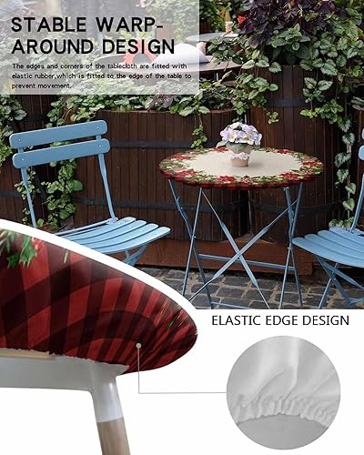 Miniatura 5 de Mantel redondo de Pascua ajustable de Navidad, mantel de lino retro impermeable para una mesa circular, mantel circular a cuadros negro y rojo