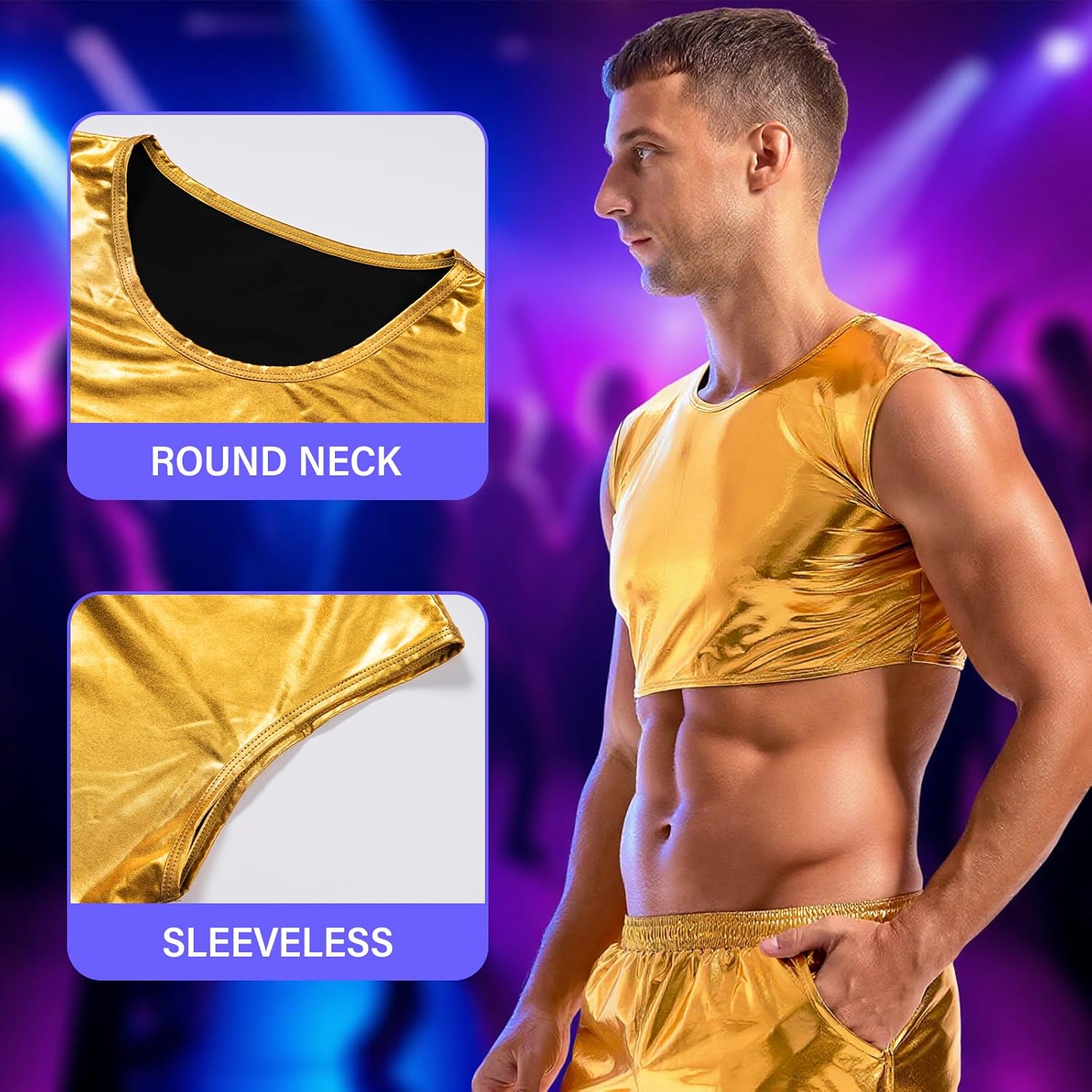 AMY COULEE Mens Metallic Crop Tops Sexy Shiny Tops Sleeveless Muscle Half Tank Tops Nightclub Party Tops