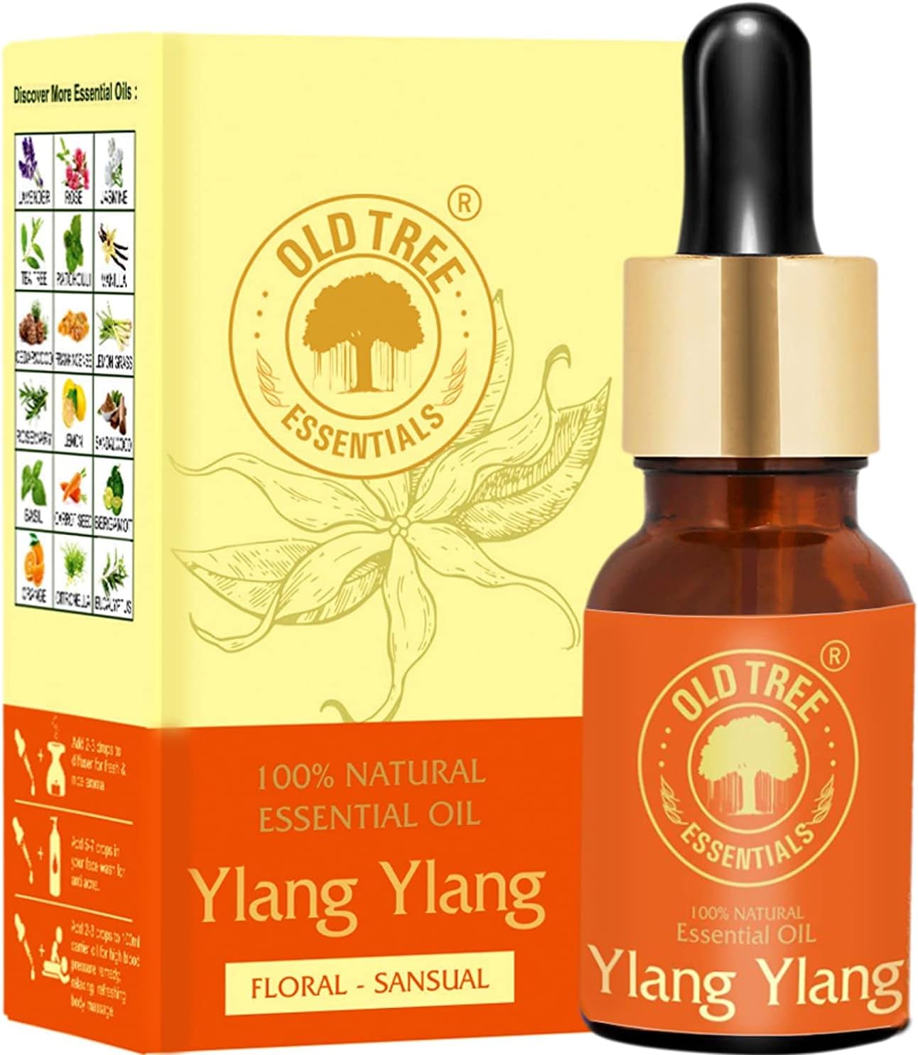 Old Tree Ylang Ylang Essential Oil (15ml) - for Skin, Hair Care, Home Fragrance, Aroma Therapy - Essential Oil with Dropper for Stress Relief and Relaxation