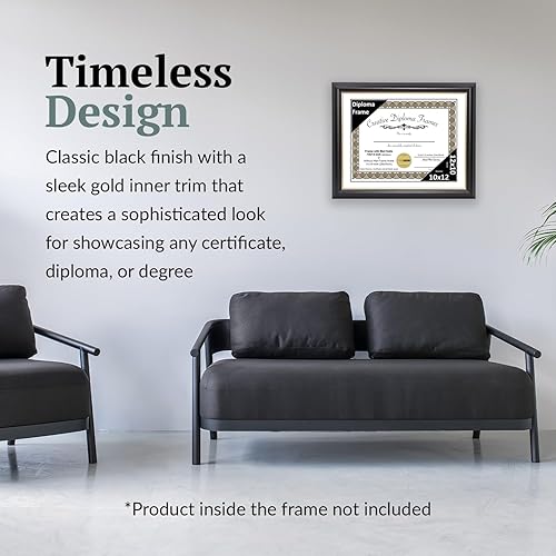 Vista 113 de Creative Picture Frames Marco para diploma Rockefeller de 9 x 12 pulgadas, color negro con borde dorado, muestra un certificado de 9 x 12 pulgadas