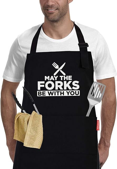 APRONPANDA Mens BBQ Grilling Kitchen Aprons-May The Forks Be with You, Novelty Funny Cooking Apron for Movie Fans, Black Chef Apron, Christmas Gifts for Him, Men, Husband, Boyfriend, Son