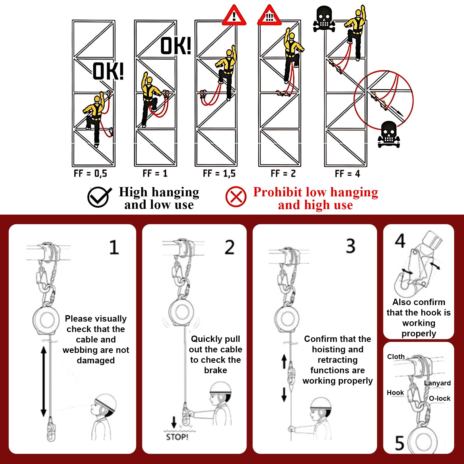 Dispositivo Anticaidas Retráctil, Rojo Linea de Vida Retractil Homologado 200 KG, 10m Arnés de Seguridad Anticaídas Retráctil Trabajo en Tejados/Altura(Rojo - 2 Piezas,10m)