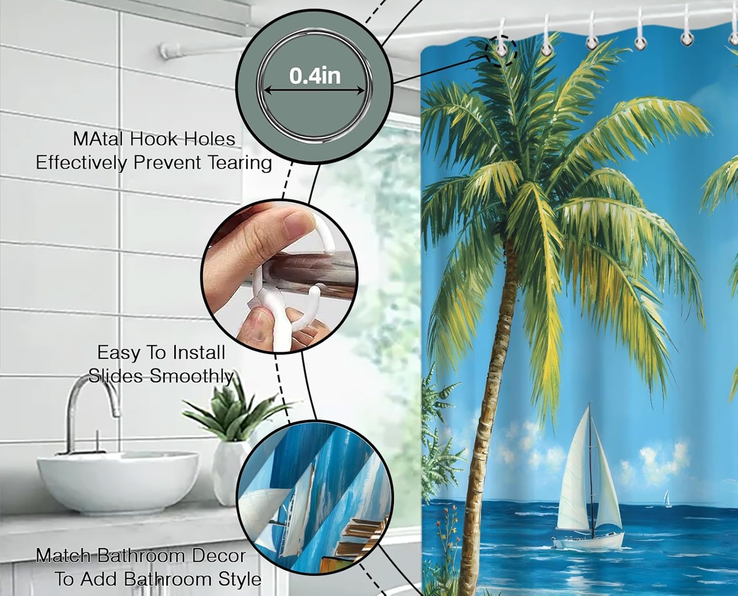Tropical Coastal Extra Long Shower Curtain,Ocean Beach Palm Tree Sea Wave Sailboat Summer Blue Green Bathroom Home Curtain Decor with Hooks,70x78 Inch