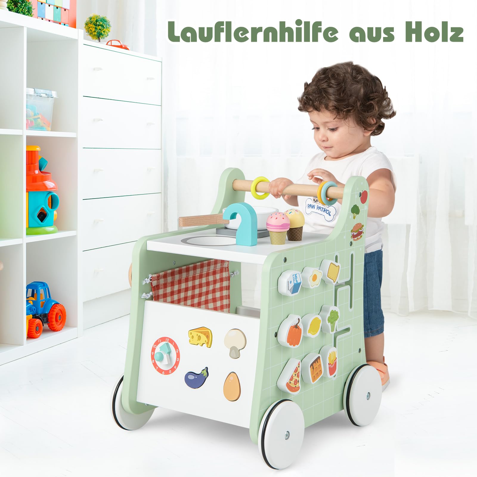 COSTWAY 6 in 1 Lauflernwagen aus Holz, Lauflernhilfe mit Spielküche, Lernuhr, Formanpassung & beweglichem Schieber, Kinderküche Baby Walker mit Rädern für Kinder ab 1 Jahr (Grün)