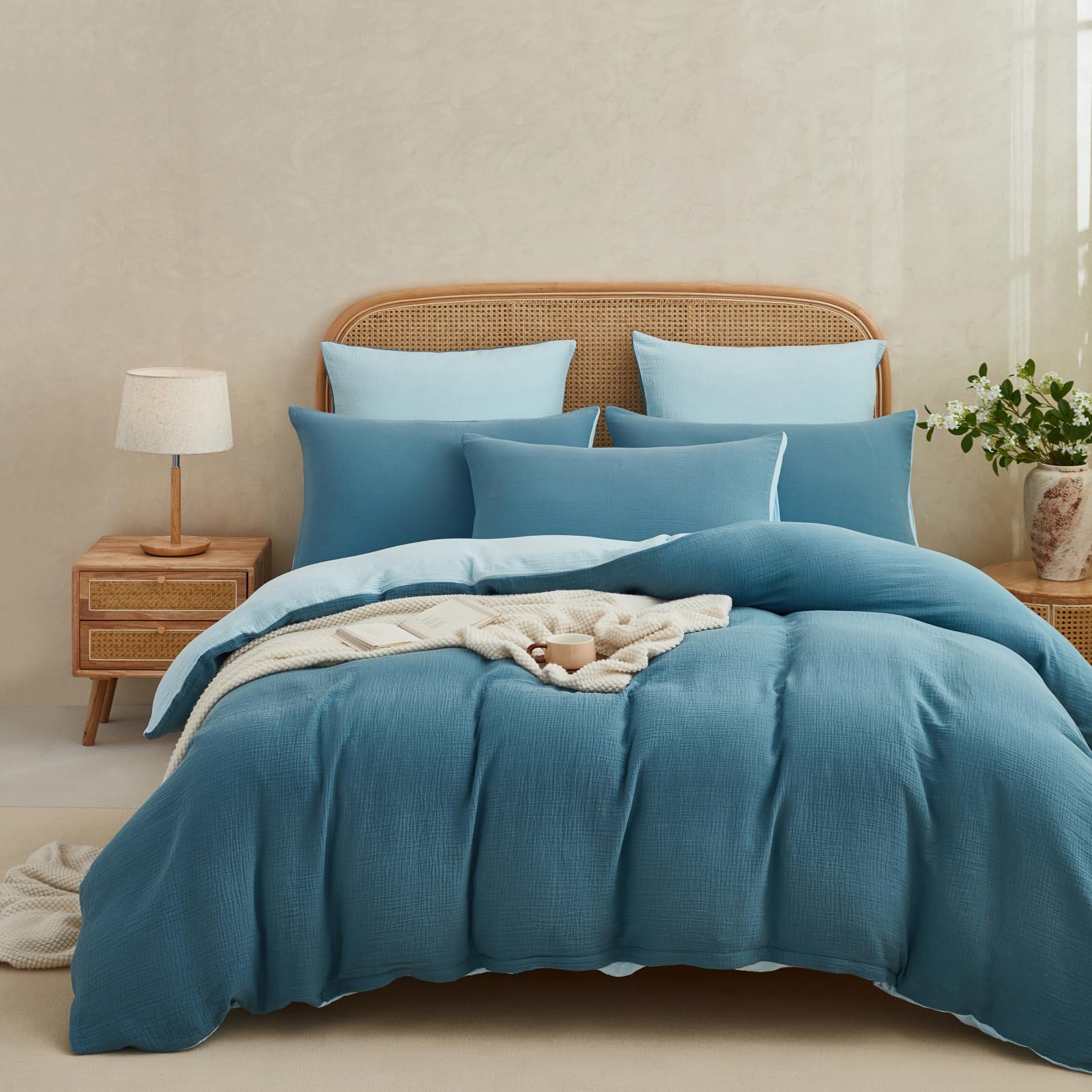 Boqingzhu Muslin Bettwäsche 135x200 cm Baumwolle Blau Dunkelblau Hellblau Sommerbettwäsche Leicht Kühlend Atmungsaktiv Wende Bettbezug Einzelbett und Kissenbezug mit Reißverschluss