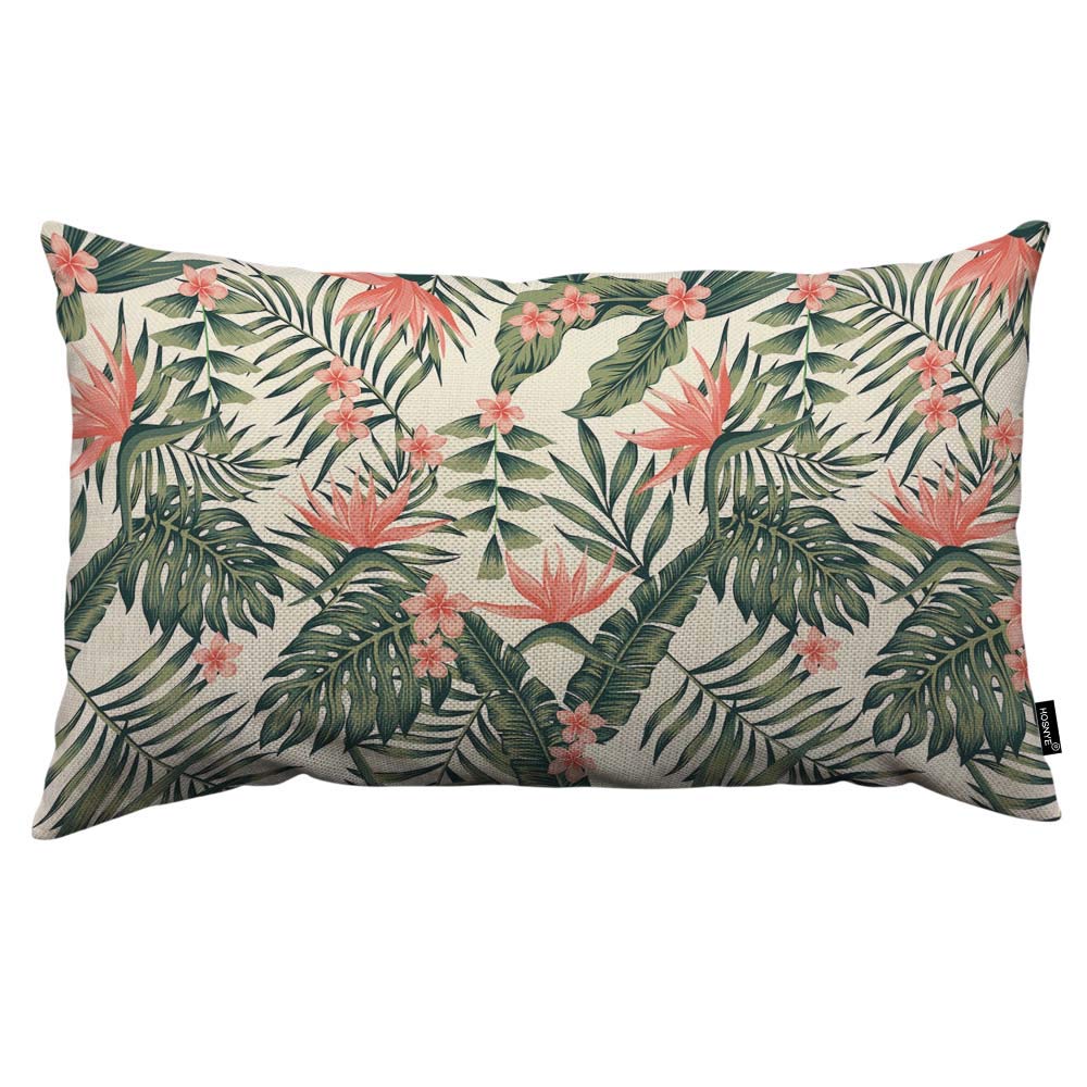 HOSNYE Tropic Flower Throw Pillow Cover Tropical Dark Green Leaves of Palm Trees and Flowers Bird of Paradise Plumeria Linen Fabric for Couch Bed Sofa