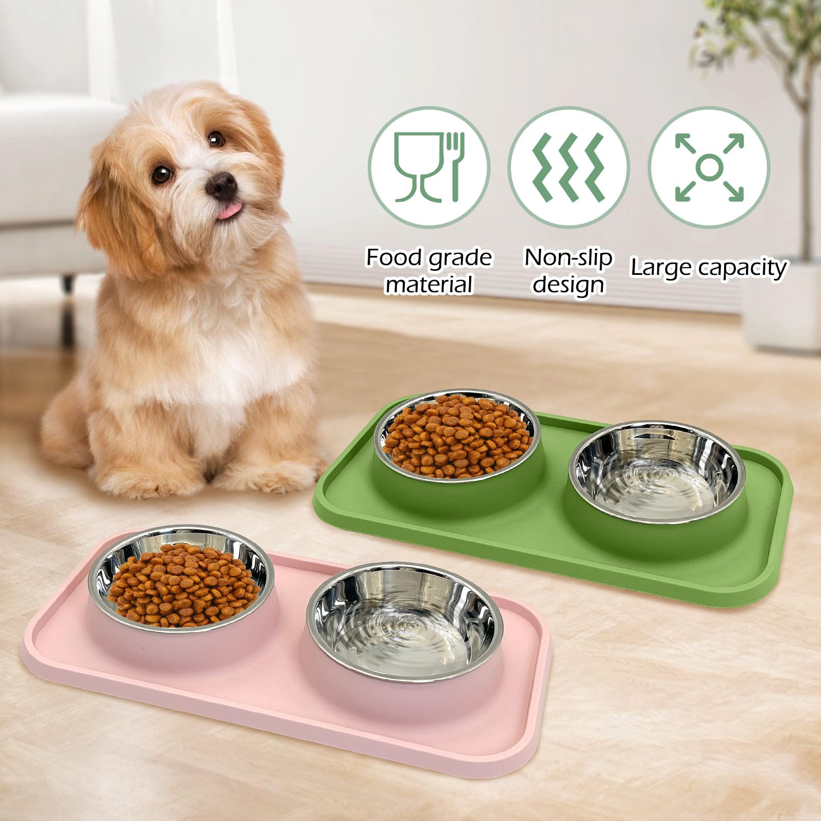 BNOSDM Lot de 2 gamelles doubles en acier inoxydable avec tapis en plastique anti-déversement pour chiot, chat, chaton (rose et vert foncé)