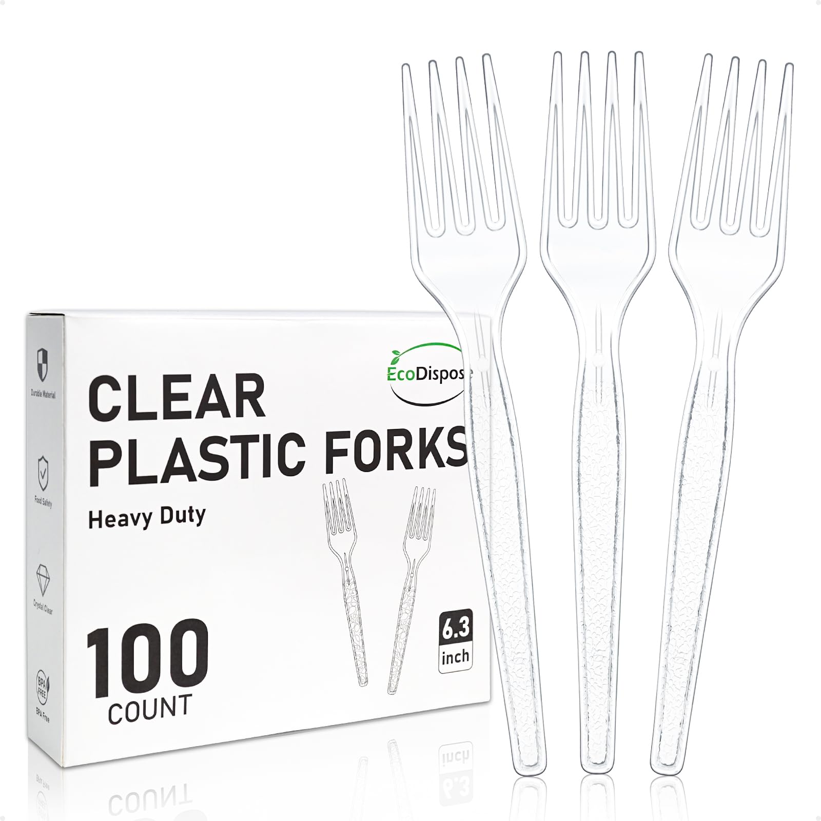 EcoDispose 100 Count Clear Disposable Plastic Forks Cold Resistant and BPA Free, Heavy Duty Durable Disposable Cutlery for Party Event Dessert or