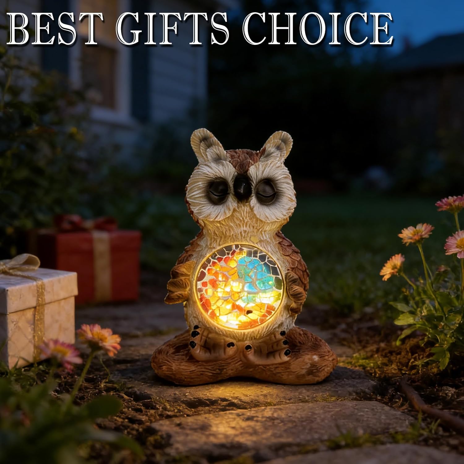 Solar Owl Garden Statues Decor for Outdoor, Brown Yoga Owl Figurine Lights for Lawn Patio Yard Decoration - Unique Christmas Housewarming Gift for Grandma Wowen Mom