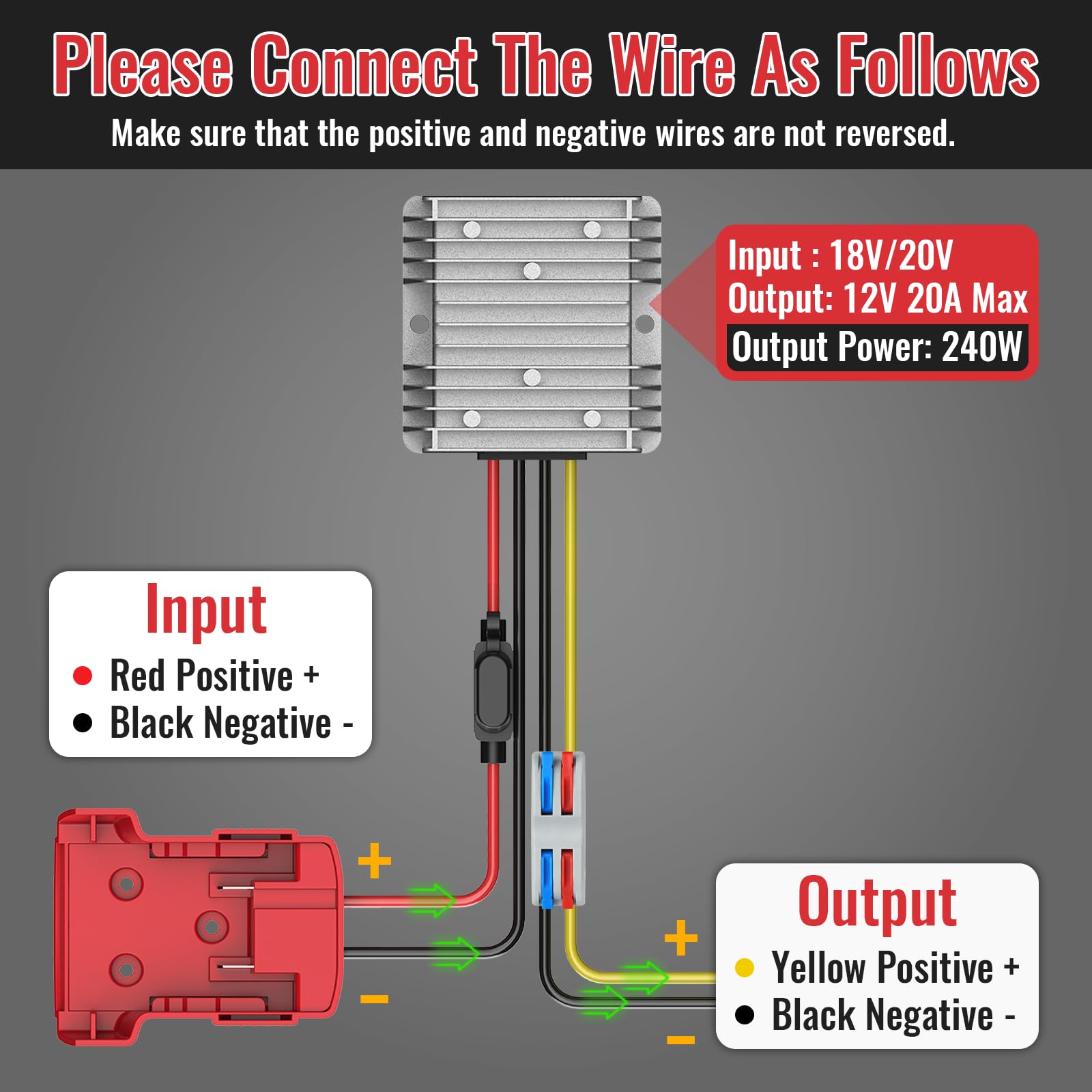 Kzreect Convertisseur abaisseur 18V vers 12V pour Milwaukee M18 DC 12V 20A 240W Réducteur de Tension Transformateur pour Chariot de Golf RC Voiture Lumières LED DIY Jouets