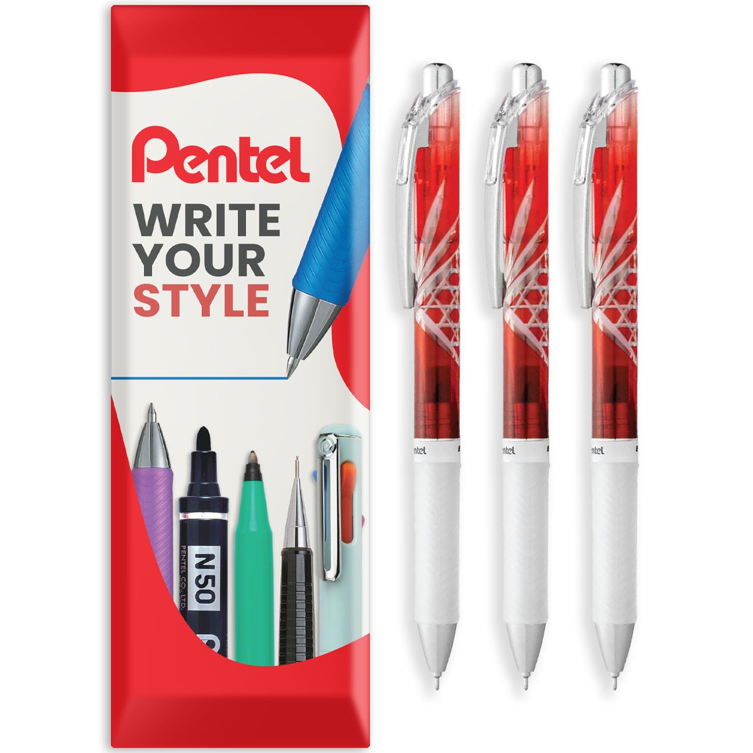 Pentel EnerGel Gel Ink Retractable Rollerball Pen - BLN75 0.5mm Nib - Edo Kiriko Limited Edition Pens - Black Ink - in Envelope Gift Packaging (Red Pack of 3)