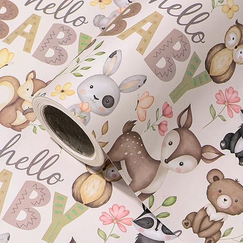 WRAPAHOLIC Rollo de papel kraft para baby shower, mini rollo, 17 pulgadas x 16.5 pies, papel de regalo de animales del bosque pequeño para baby