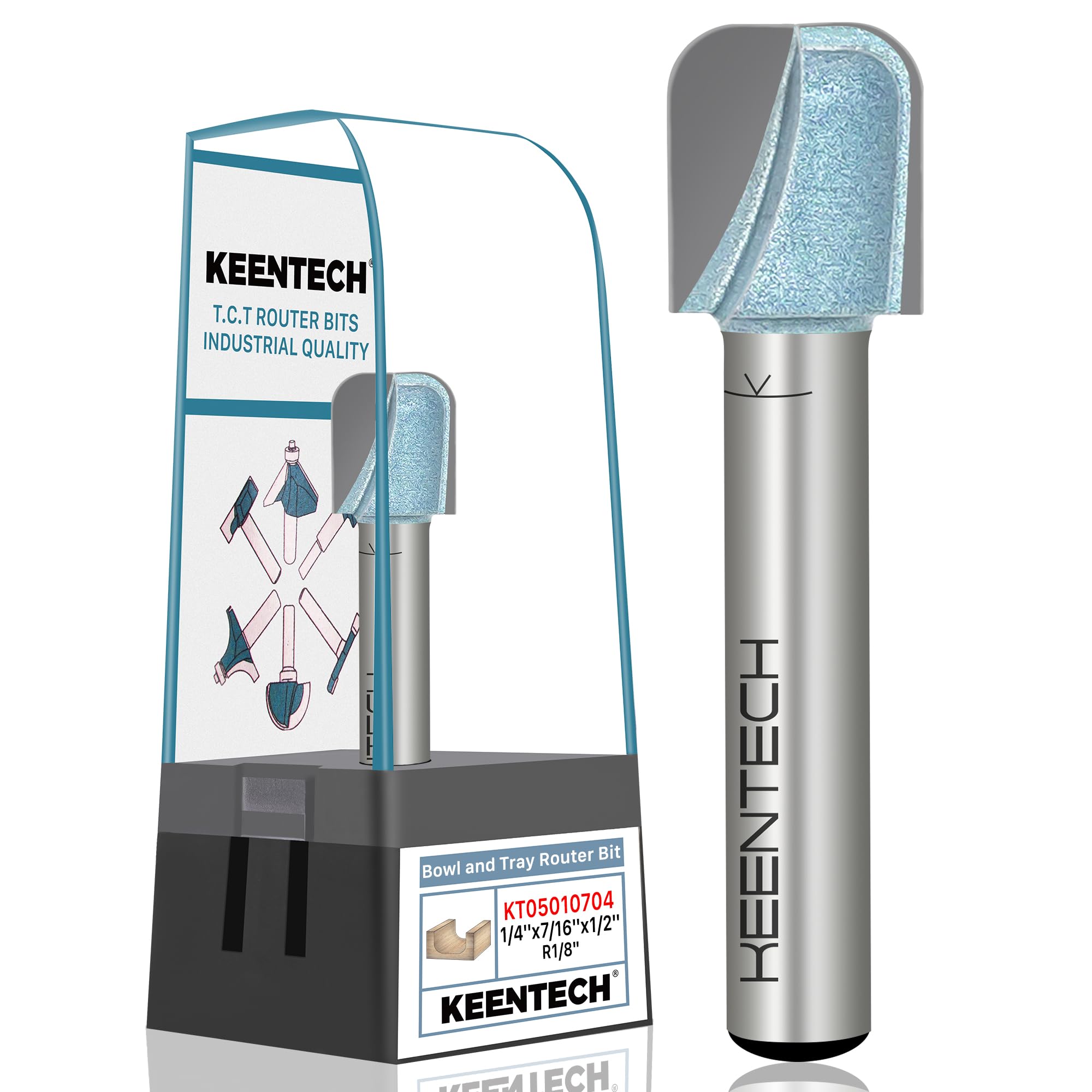 KEENTECH Router Bits, Carbide Tipped Dish Carving Bit for Edge Forming, Industrial Grade Blue Cutting Tools for Woodworking (1/4 Inch Shank x 7/16