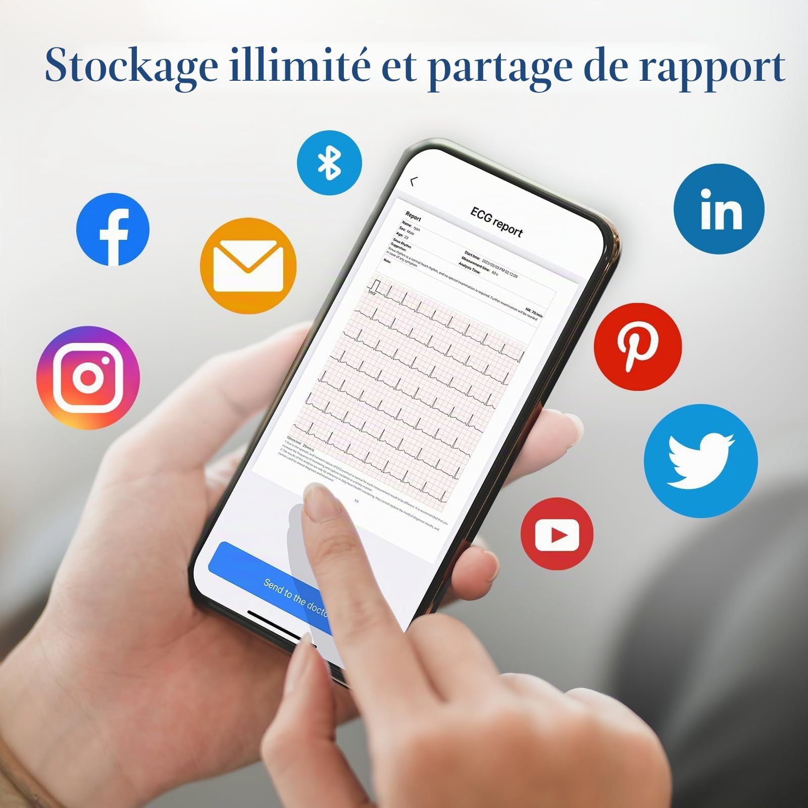 CheckMe ER2-S ECG pour la maison Appareil ECG portable avec ceinture thoracique précise (30 sec. à 15 min. d’enregistrement), visualisation en temps réel via l’application, espace de stockage illimité