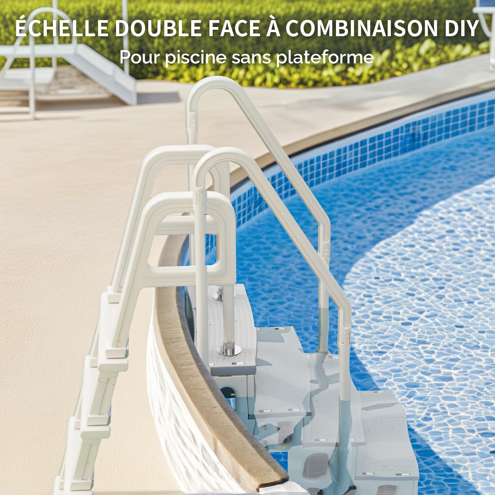 BONNLO Échelle de Piscine 5 Marches Antidérapantes, PE, Escalier de Piscine Uni-Côté, 150×60×60cm, Adaptée aux Piscines Hors Sol et Creusées, Blanc Cassé