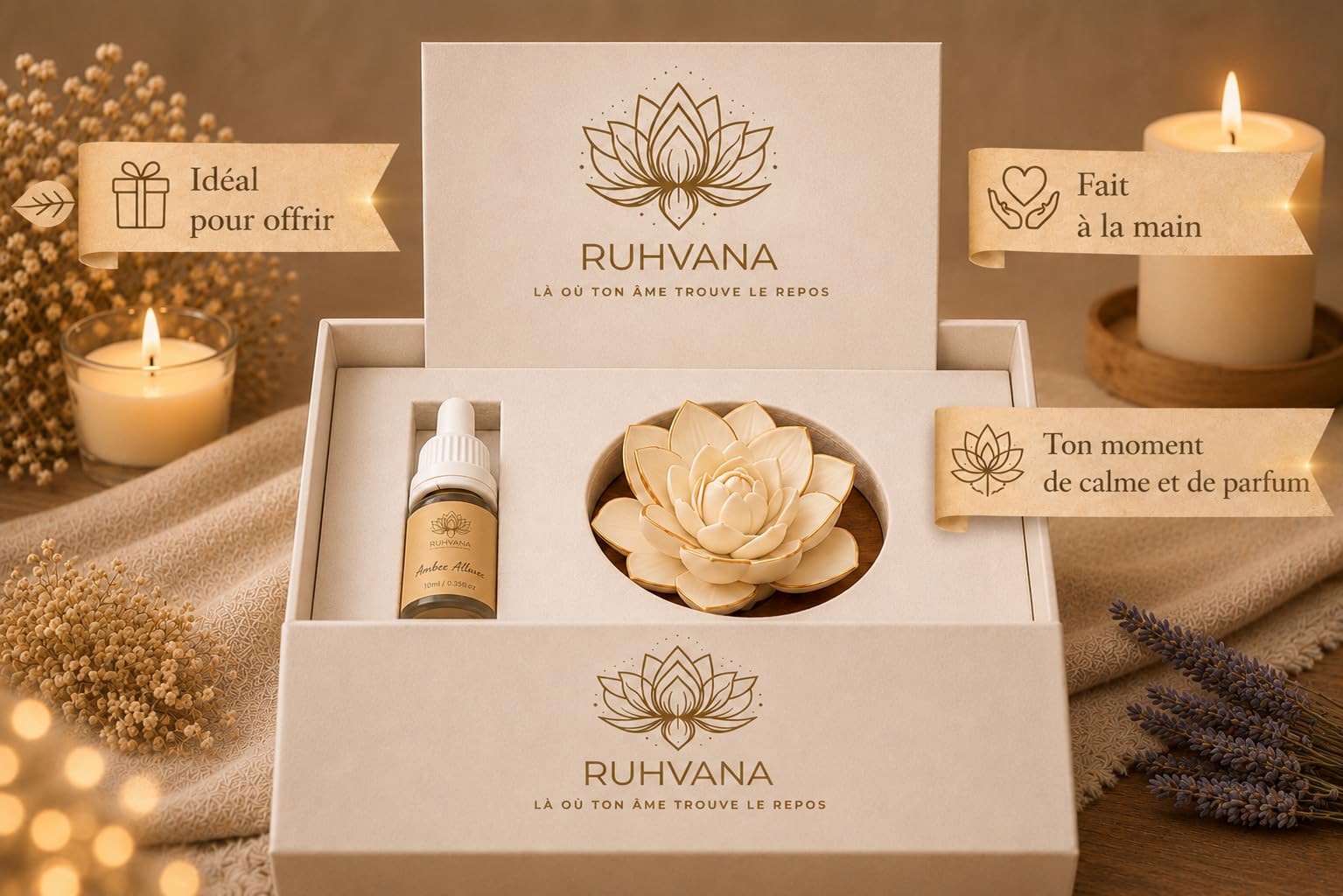Lotus Diffuseur d'arômes – Pierre parfumée faite à la main en plâtre avec base en bois | Aromathérapie naturelle sans électricité | Comprend une huile parfumée Amber Serenity de 10 ml