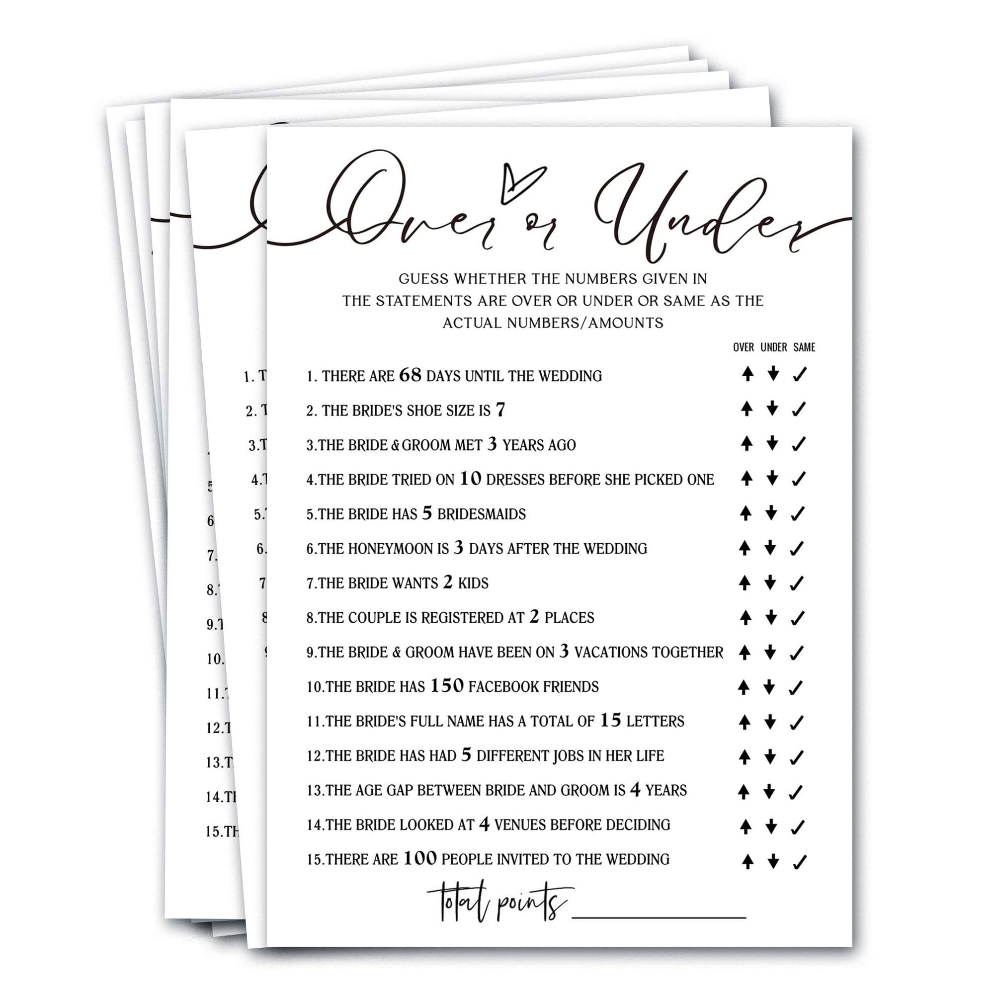 Wedding Shower Games Cards, Guess Over or Under, Bridal Shower Games 25 Guests, Engagement Party Wedding Games for Guests, Minimalist White Wedding Party Supplies - A13