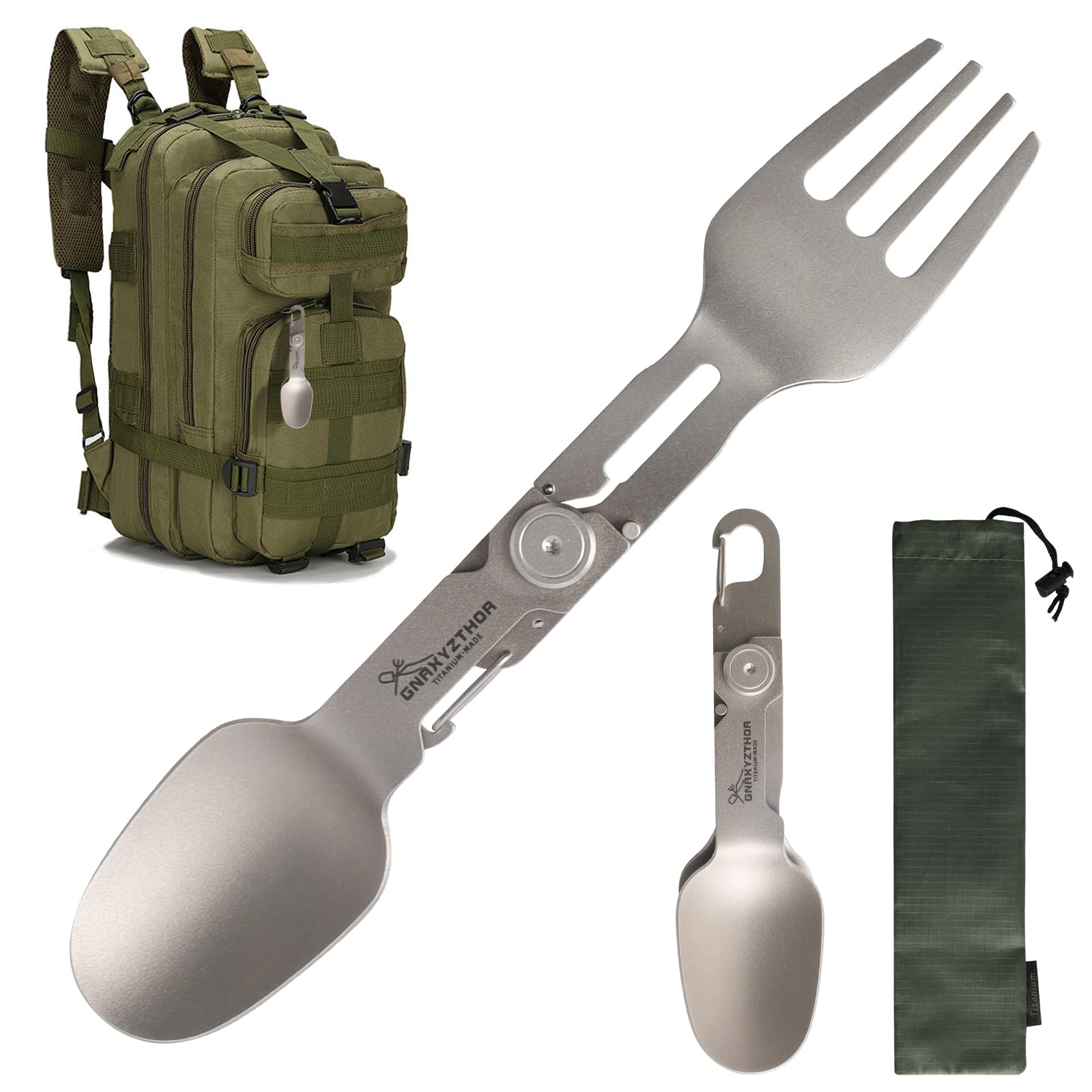Gnaxyzthor Folding Fork and Spoon Made of Pure Titanium, 2 in 1 Foldable Spoon and Fork for Camping, Rotatable Spork Made of Titanium, Camping Cooking Equipment and Accessories, Suitable for Hikers