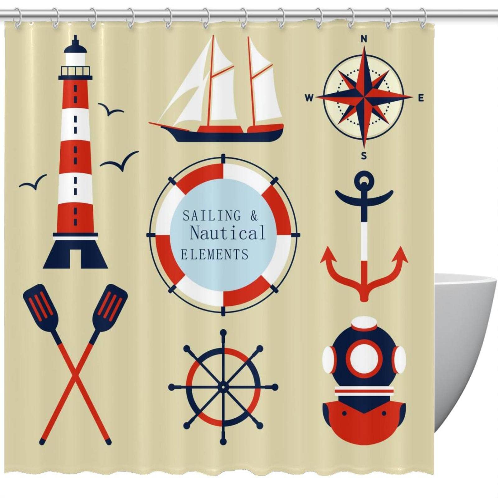 Rideau de douche phare et boussole marine en tissu imperméable pour déco de salle de bain 183x183
