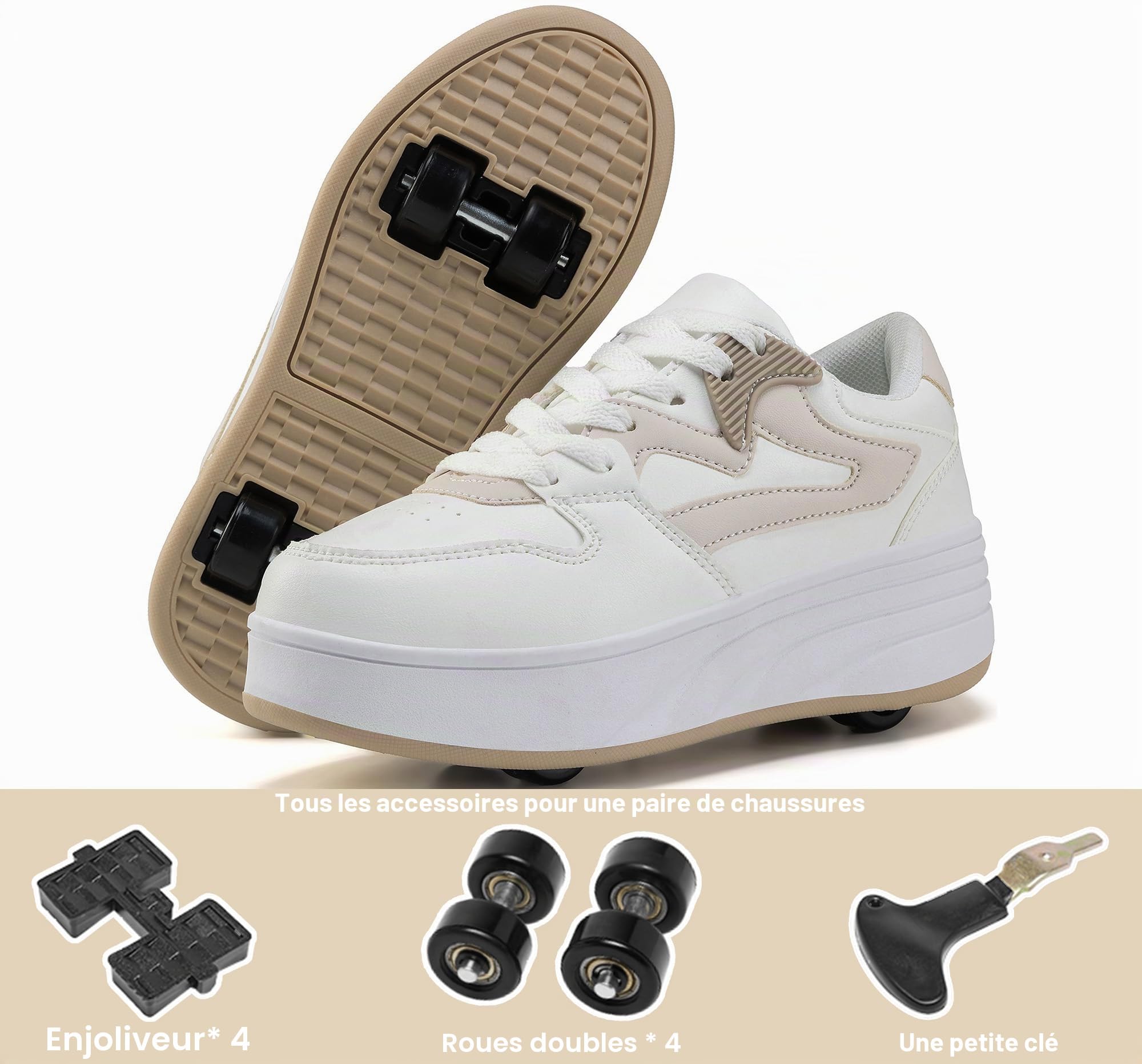 Chaussures de skate à roulettes pour enfants, garçons et filles, baskets avec roues détachables, chaussures de sport, Blanc/kaki, 36 EU