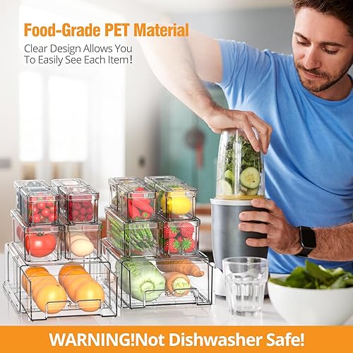 Miniatura 4 de Organizadores y almacenamiento para refrigerador, paquete de 14 cubos organizadores transparentes para refrigerador con tapas y cajones extraíbles,