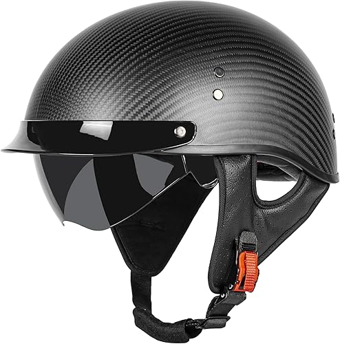 Miniatura 2 de Medio casco de motocicleta de fibra de carbono para adultos, hombres y mujeres, cascos retro de cara abierta aprobados por DOT con visera, diseño