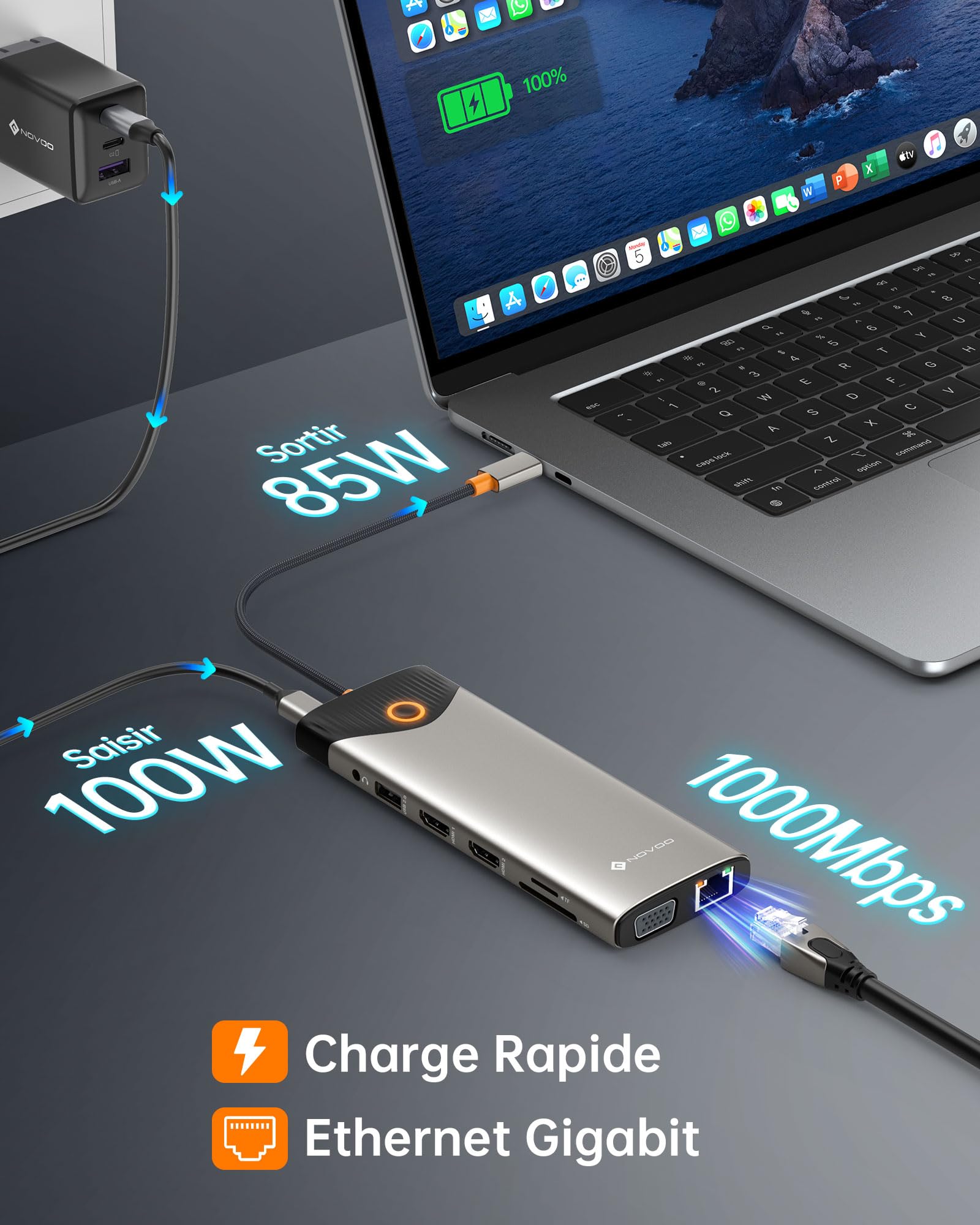 NOVOO Docking Station d'accueil USB C, 15-en-1, 2 HDMI 4K@60Hz, VGA, USB-C/A 5Gbps, Lecteur SD/TF, Ethernet Gigabit, 100W PD – Bouton on/Off Écran Externe, Dock Polyvalent pour PC Portable, MacBook