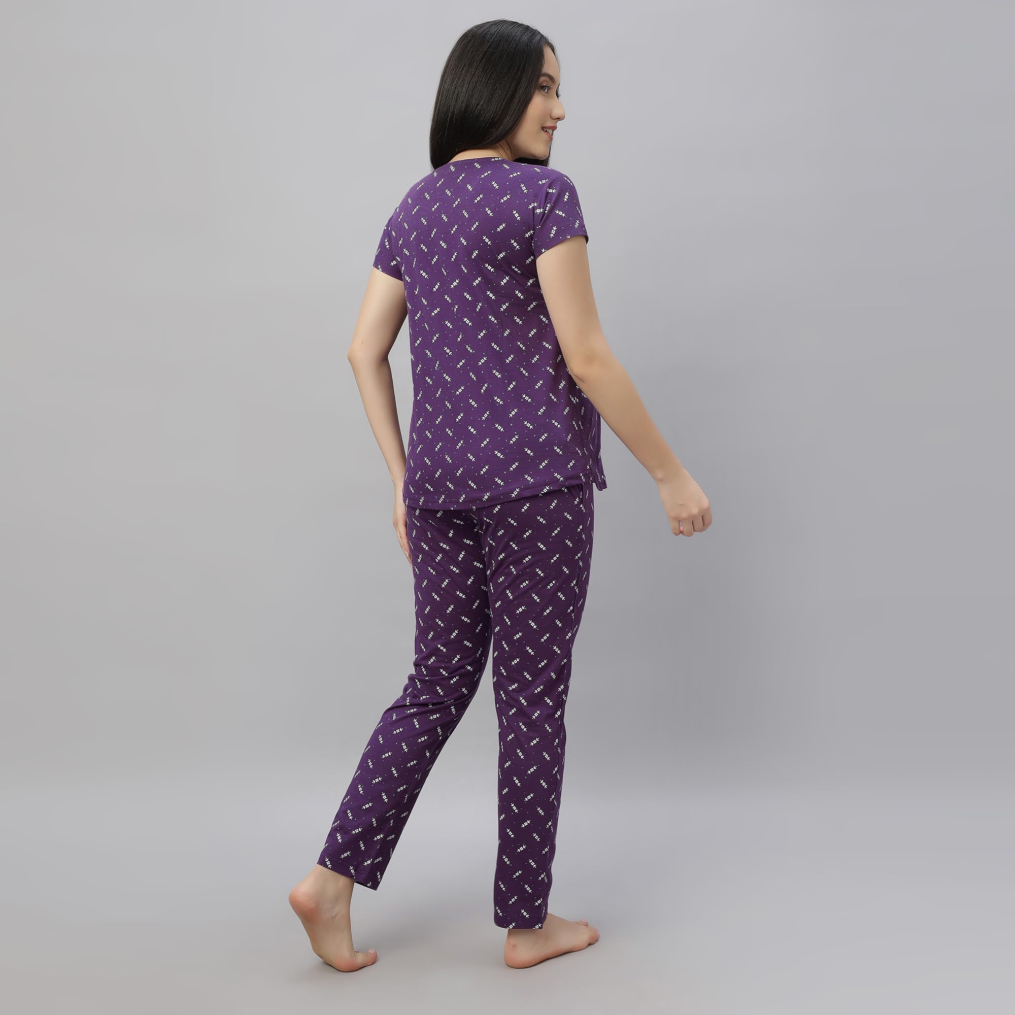 DZZO Women's Cotton Printed Maternity Night Suit | Comfortable Feeding Night Dress | Soft & Breathable Nursing Pajama Set | Color - Purple, Size - XL - Image 4 thumbnail