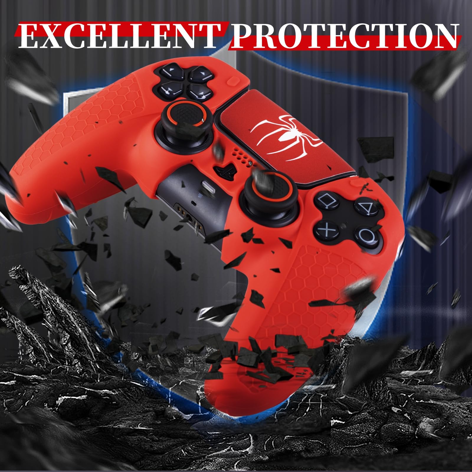 Coque en silicone antidérapante pour manette de PS5 avec 2 capuchons de joystick et 1 autocollant 1 araignée écarlate