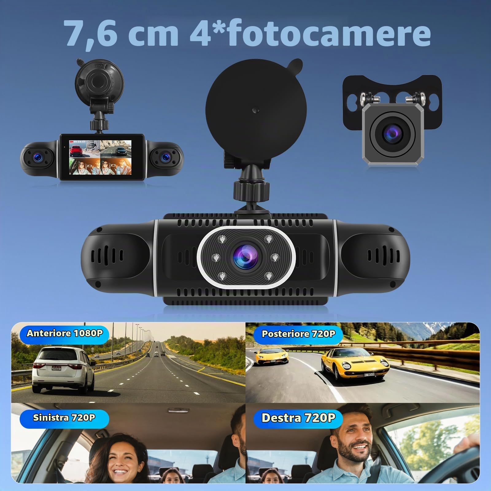 Dash Cam 1080P, Dash Cam a 4 Canali Anteriore e Posteriore Interna, Dash Camera con Schermo IPS da 3 Pollici con WiFi, Visione Notturna, Sensore G, Registrazione in Loop, Monitoraggio Parcheggio 24H