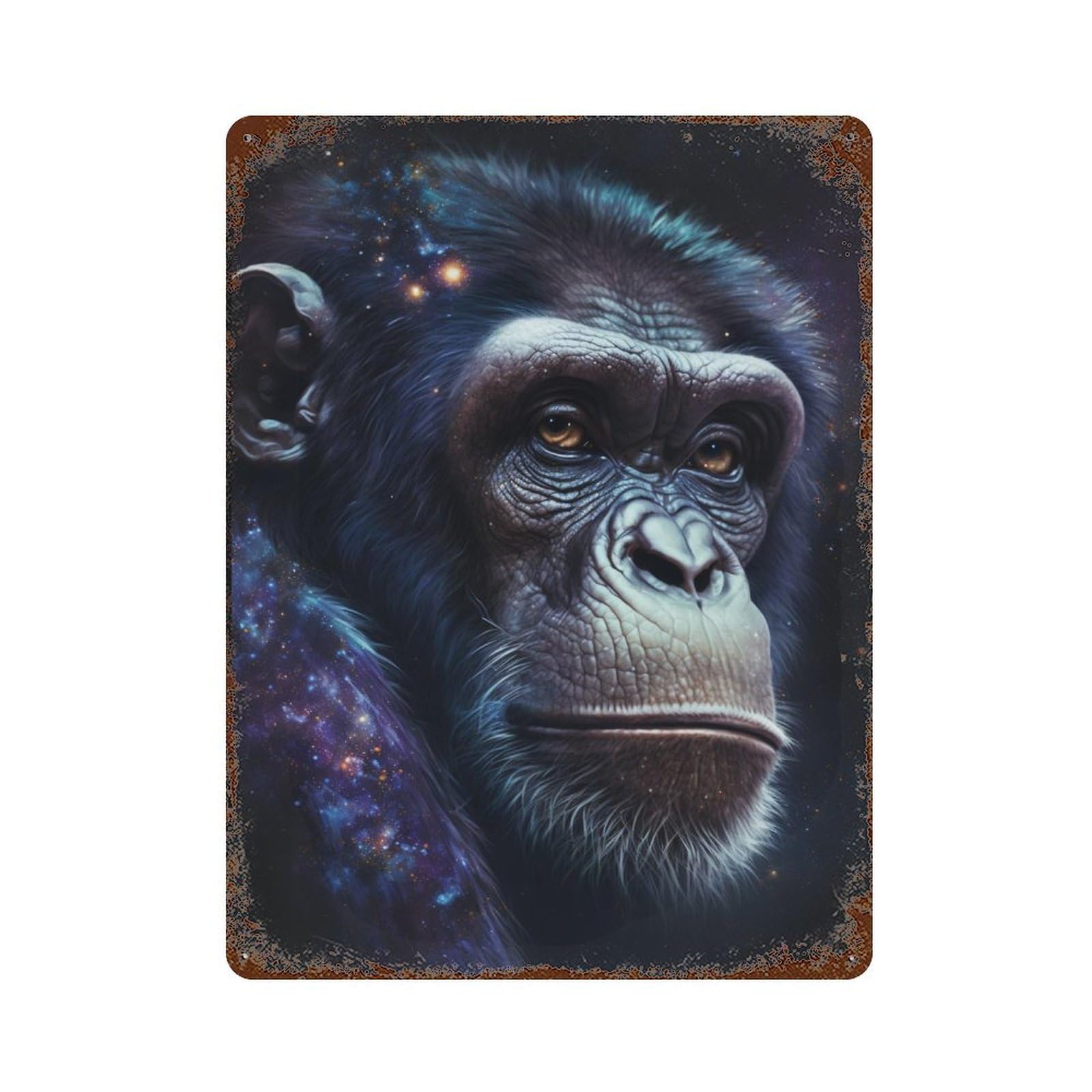 Weathered Tin Sign Chimpanzee Galaxy Portrait-1 15.7"x11.8", Novelty Wall Decor for Basement, Hobby Room And Garage Decor