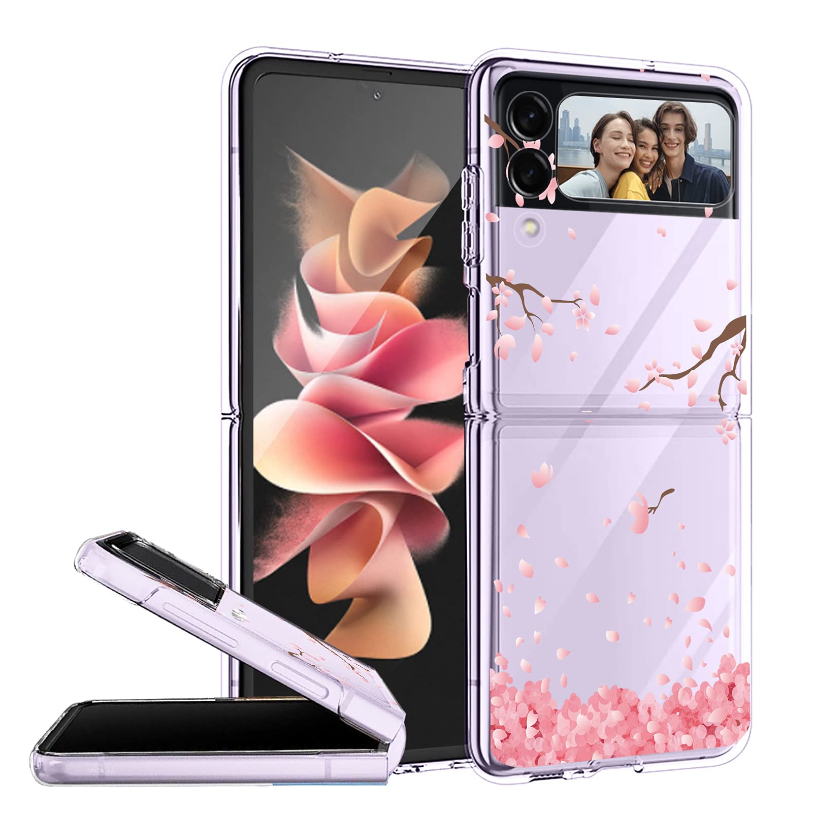 LSL Case for Samsung Galaxy Z Flip 3 5G Case Peach Blossom Clear Cute Design Pattern Hard PC Shockproof Protection Full Body Protection Wireless Charging Slim Phone Cover for Galaxy Z Flip 3 5G