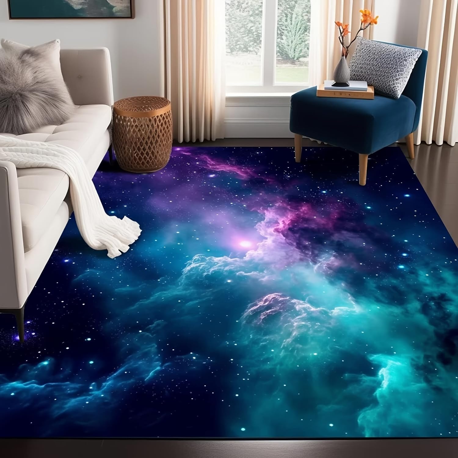 Bycmuoz Shining Starry Sky Area Rug, 180x260cm, Blue Purple Galaxy Outer Space Kids Playroom Mat, 3D Visual Illusion Space Rugs, Floor Decor Low Pile Soft Non-Shedding Carpet for Living Room