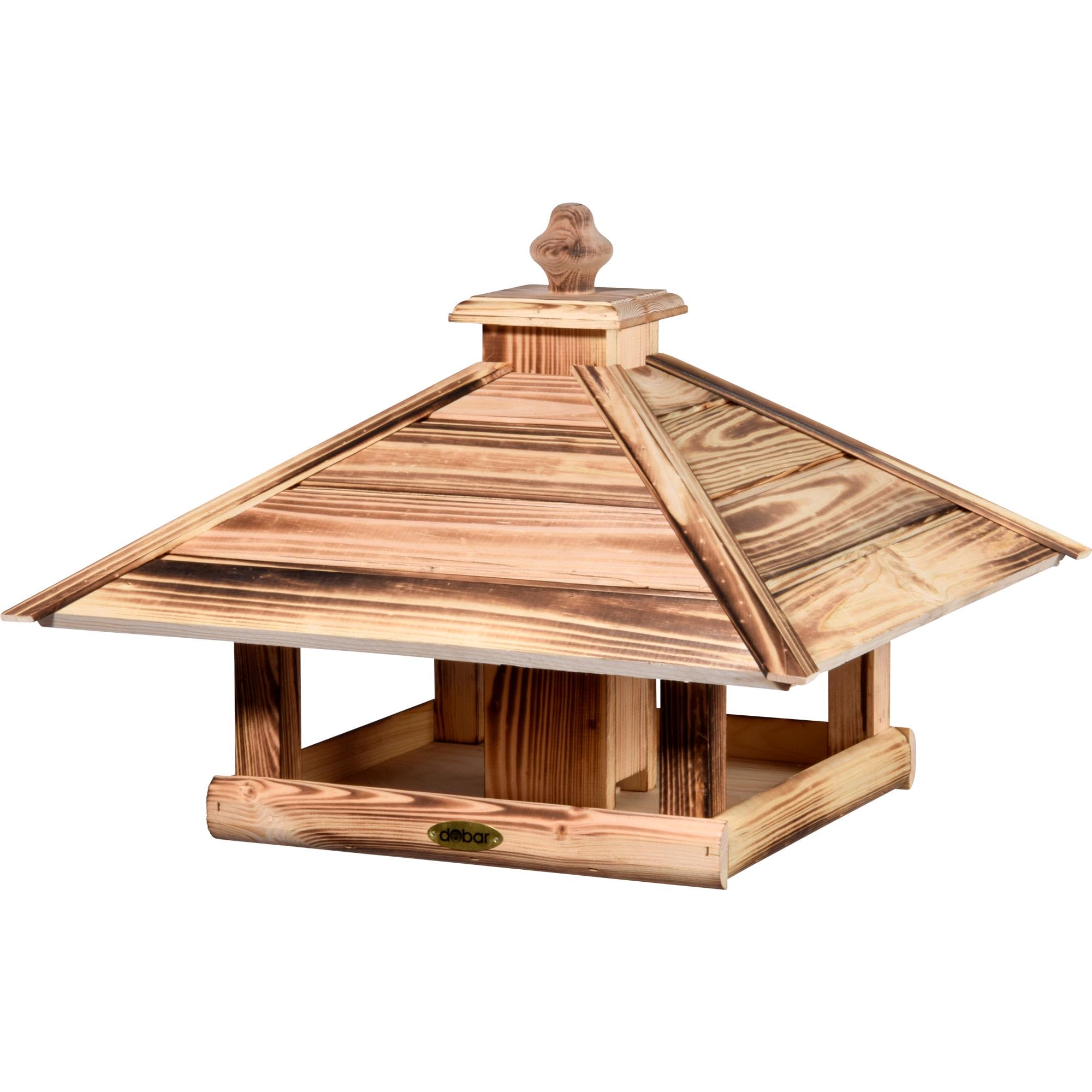 dobar® Green Label 18008FSCe Großes Vogelfutterhaus Lumbre - Futterhaus aus Holz - Futterstation zum Hängen - Wildvogelfutterplatz - 50 x 50 x 36 cm - Geflammt - Für Ständermontage