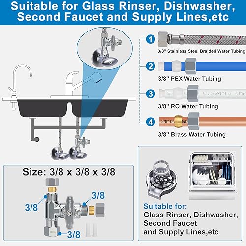 Vista 19 de YUHX Válvula Add-A-Tee de tope de ángulo de latón, salida de compresión de 3/8 pulgadas fácil de conectar desviador de 3 vías 3/8"x3/8"x1/4" o 3/8